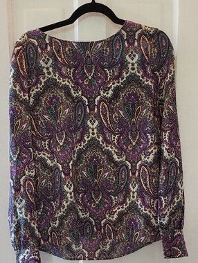 J. Crew Purple Paisley Print Blouse with Green and Yellow Accents